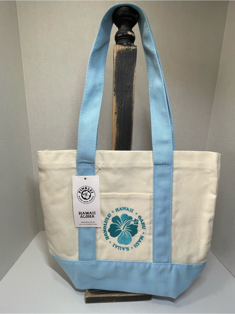 Hawaii Aloha Mini Canvas Tote Bag with Light Blue Hibiscus Print